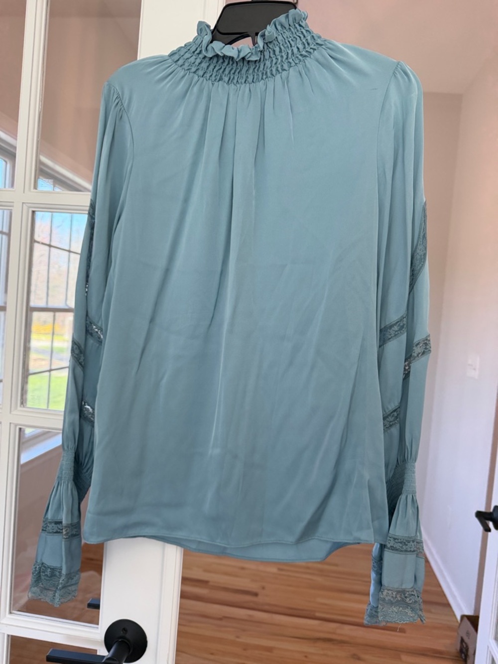 Kobi Halperin Elsie Blouse Dusty Blue Smocked-Neck Lace Sleeve Blouse